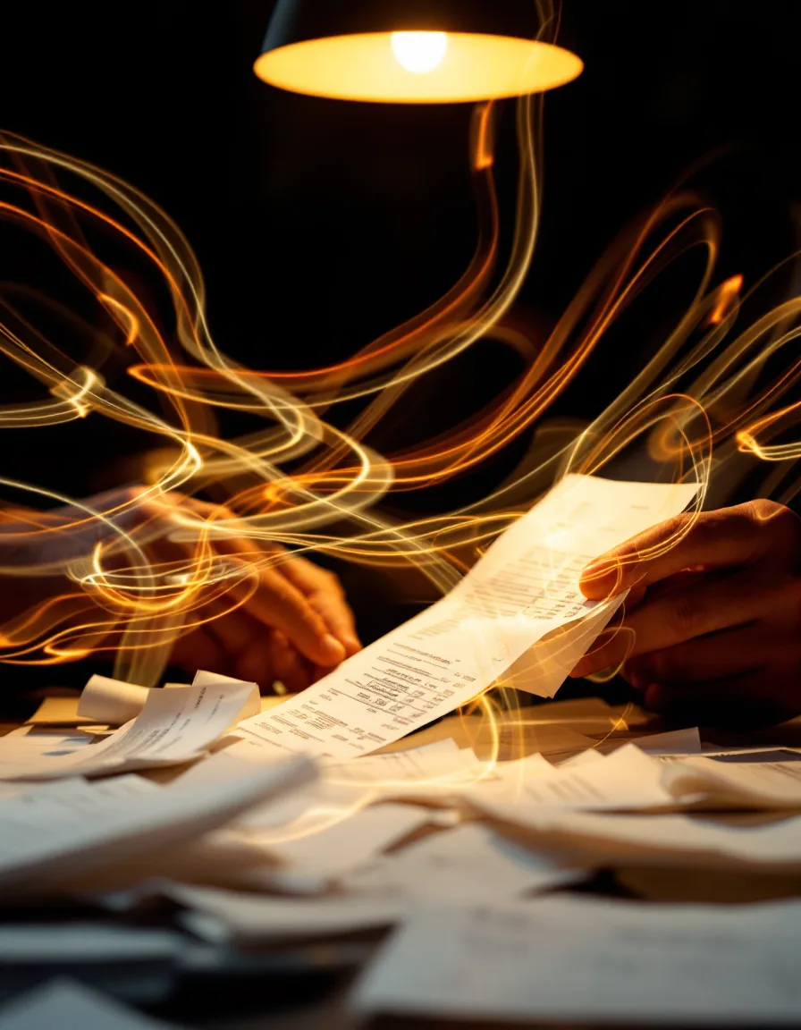 Hands sorting receipts under warm light
