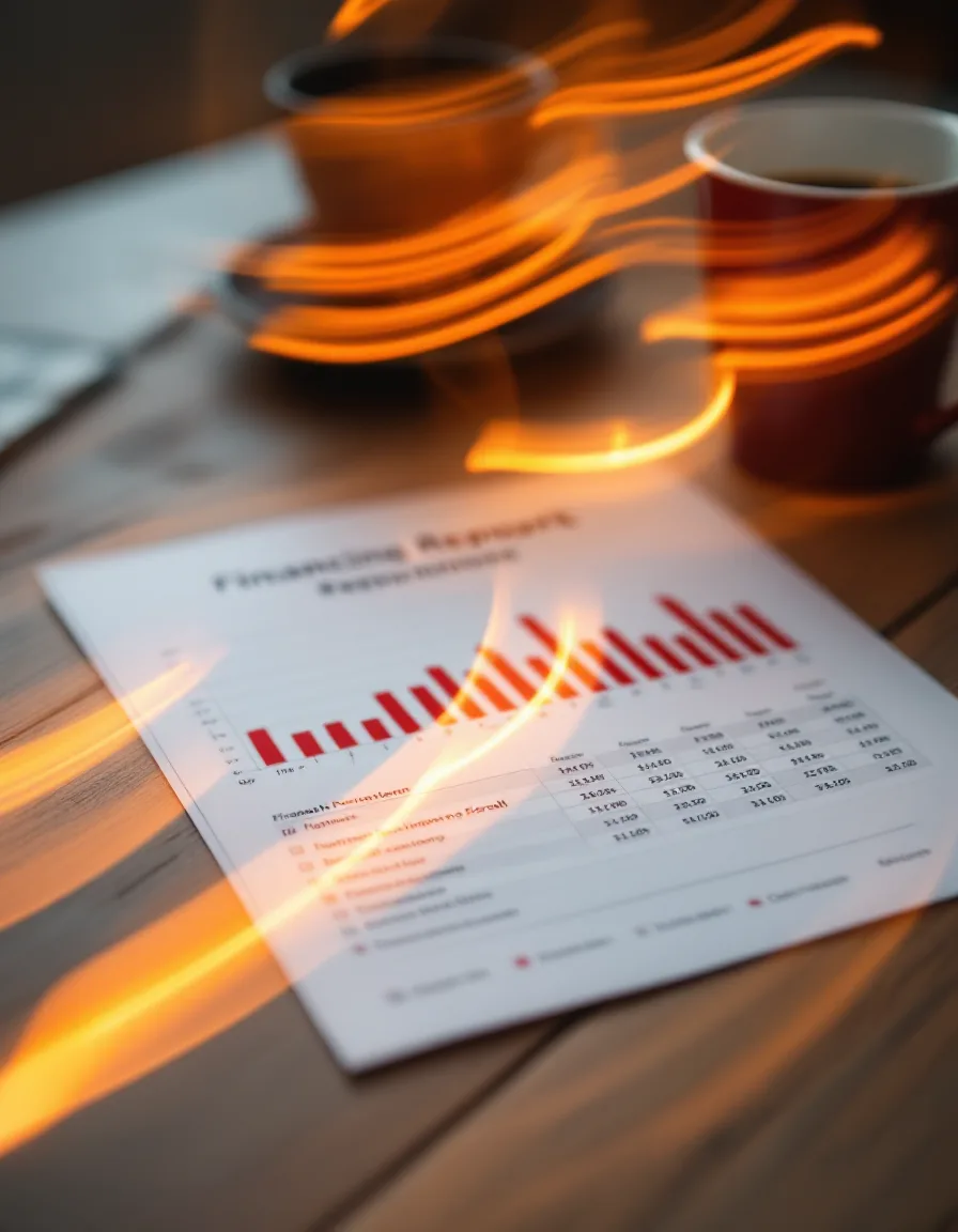 A printed financial report on a desk with coffee