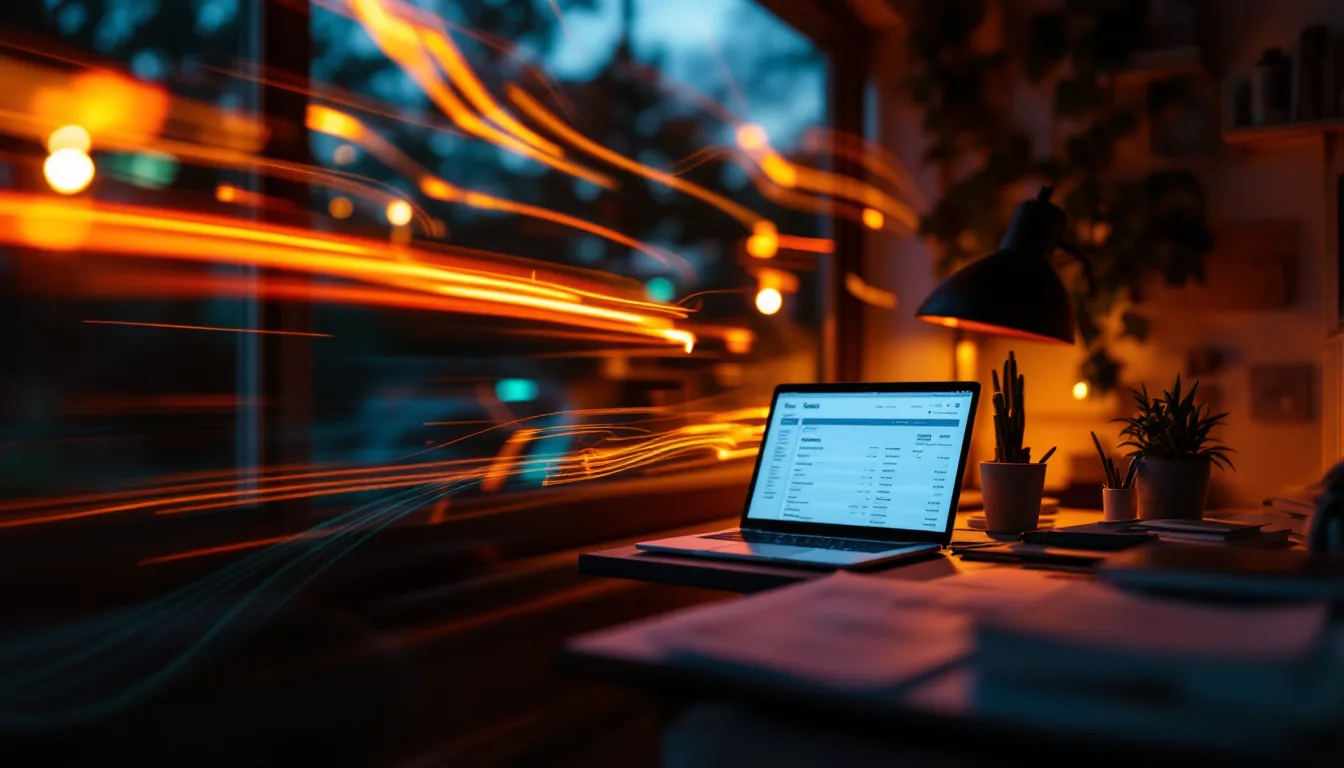 A small business back office with soft light trails at dusk