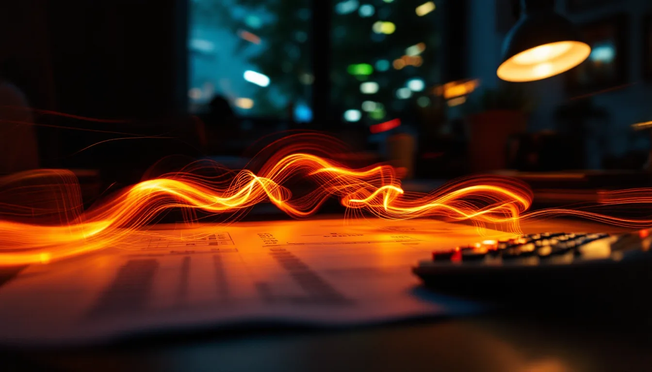 Light trails streaking across an open ledger at a desk