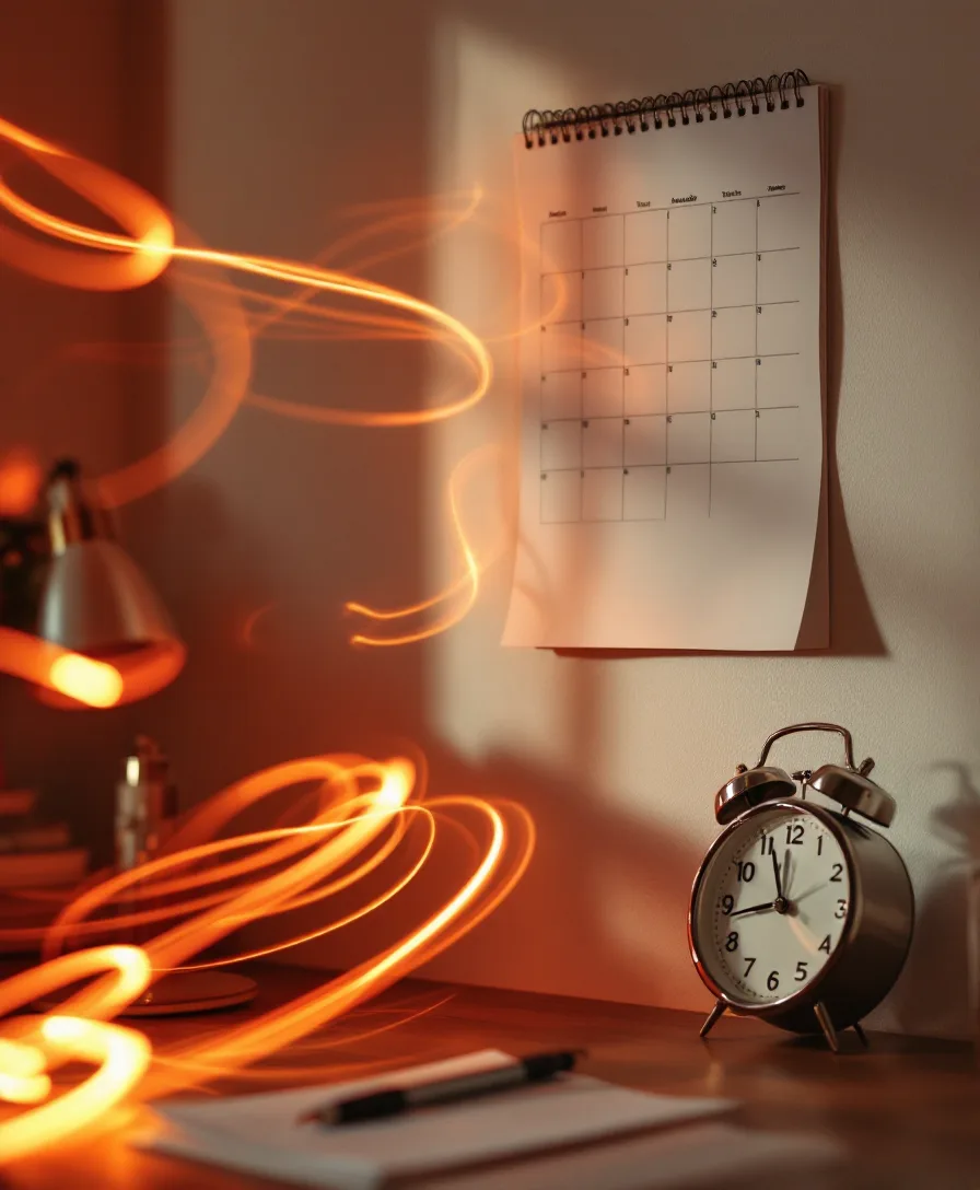 A calendar and clock caught in soft light trails, suggesting payroll on schedule