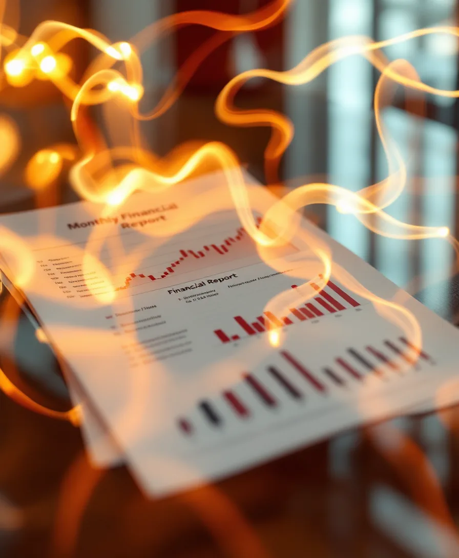 A printed financial report with a glowing chart reflected on glass