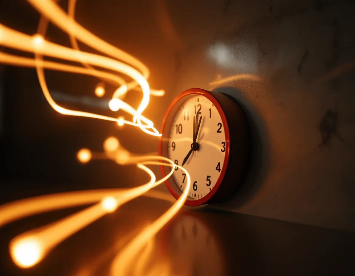 A calendar and clock caught in soft light trails
